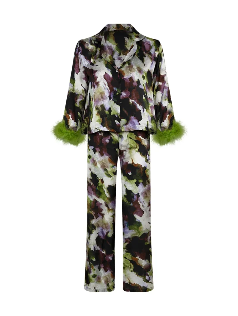 Feather -Trimmed  Satin Pyjama Set