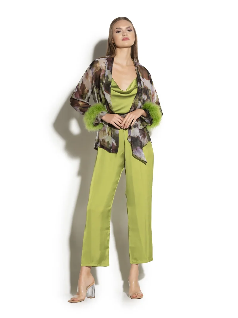 Luxury Satin Three Piece Pyjama Set with Feathers - Image 2