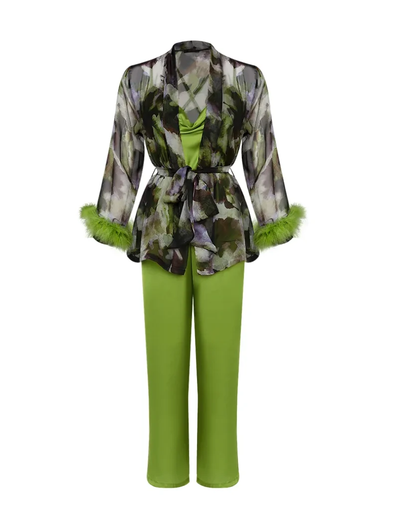 Luxury Satin Three Piece Pyjama Set with Feathers