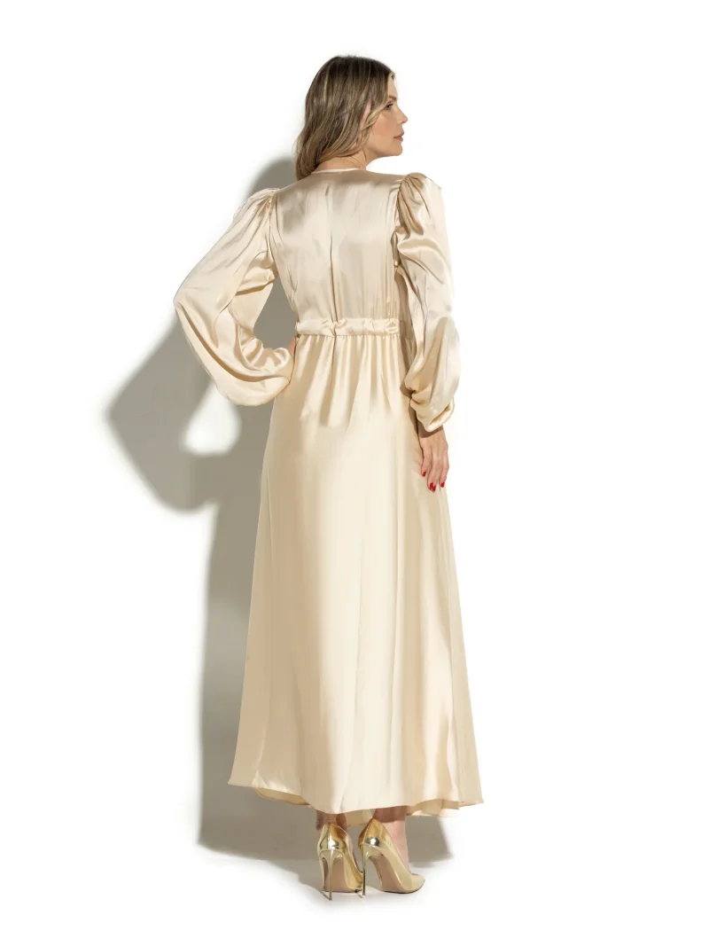 Maxi Satin Dress Padded Shoulders and Gold Lace Trim - Image 4
