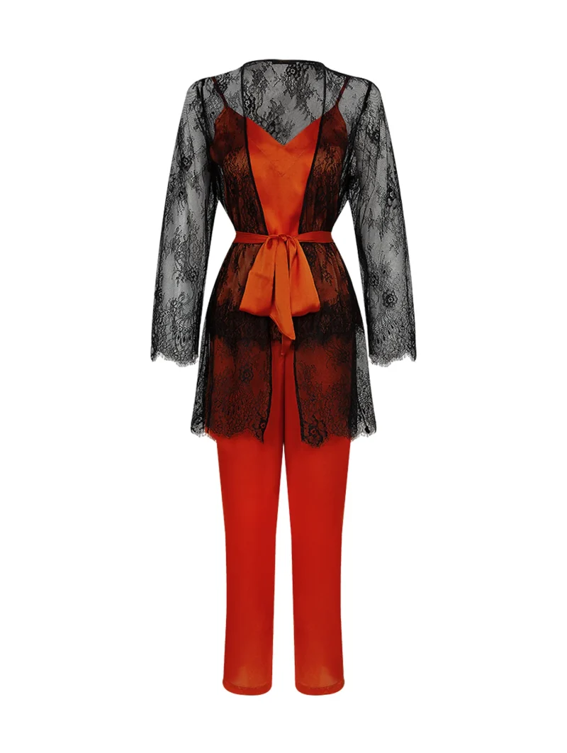 Luxury Satin  Three Piece Pyjama Set with Lace