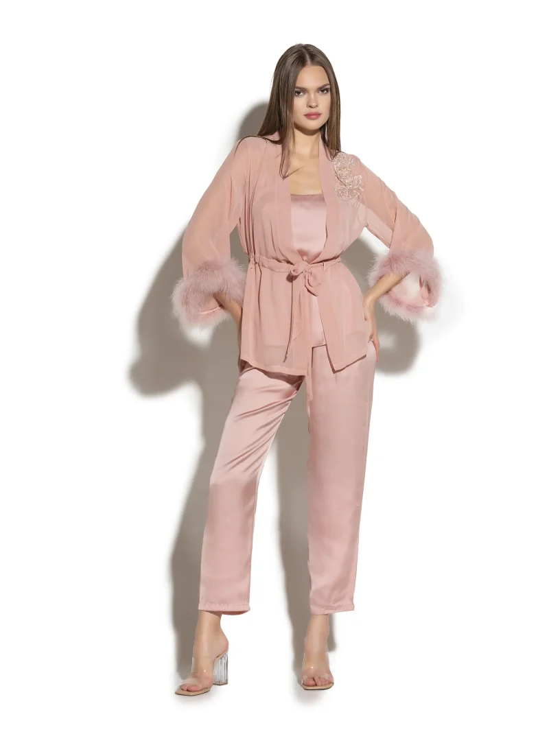 Feather -Trimmed Three Pieces  Satin Pyjama Set - Image 5