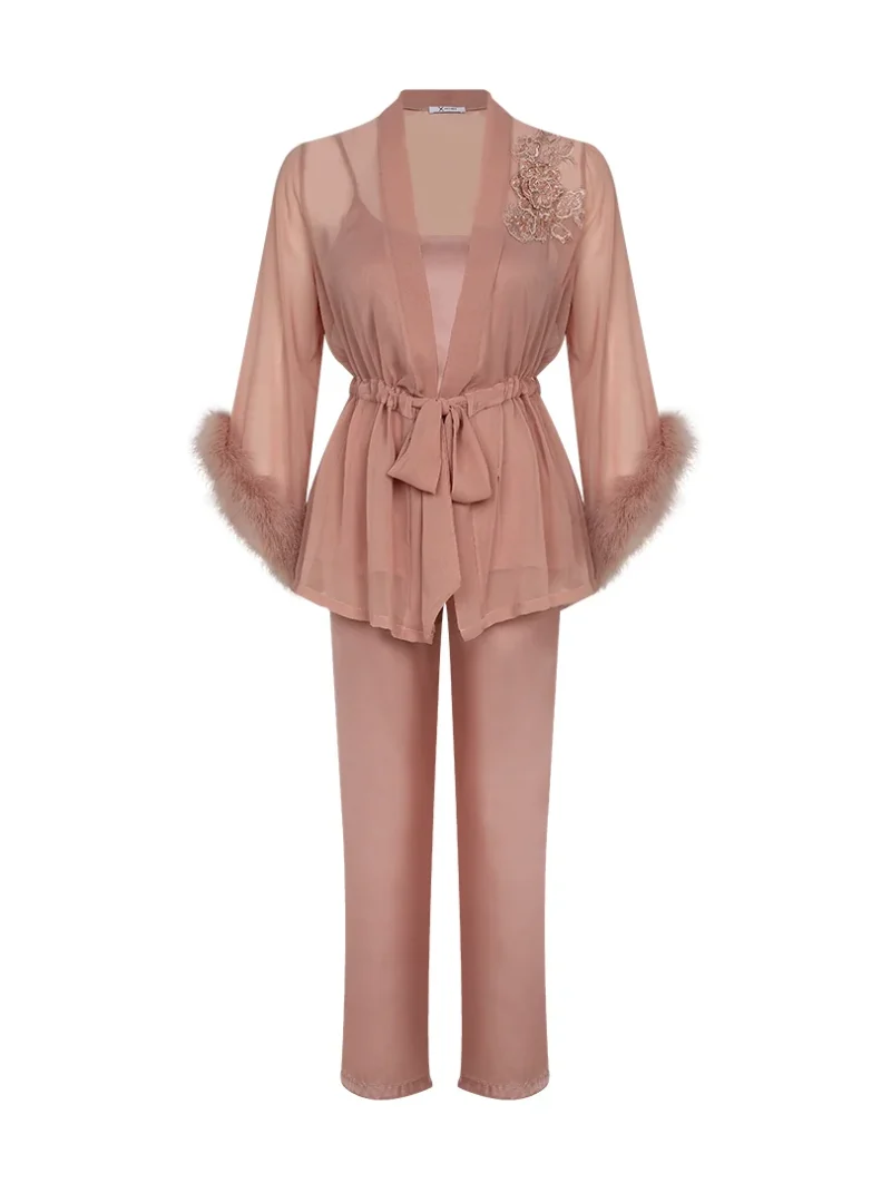 Feather -Trimmed Three Pieces  Satin Pyjama Set - Image 4
