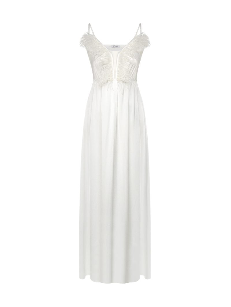 Maxi Satin Nightdress with Feathers