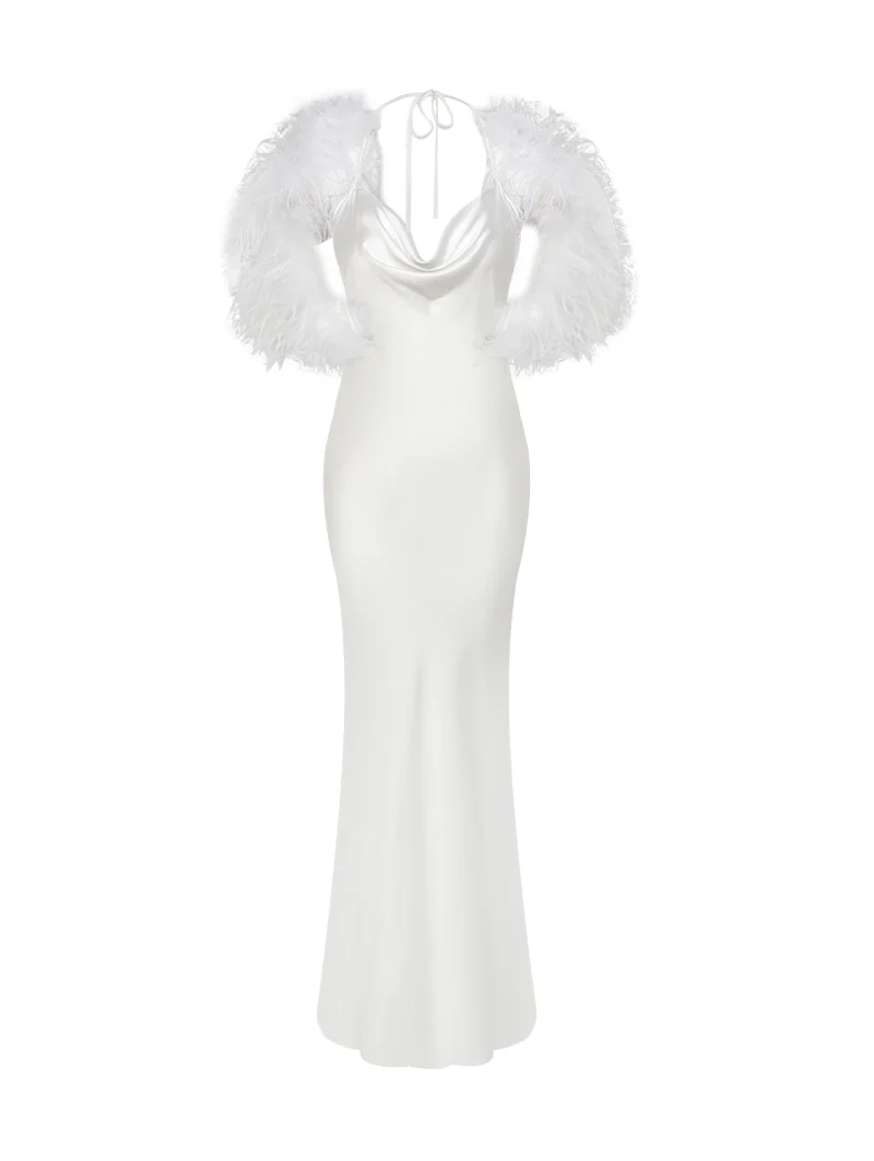 Maxi Satin Cowl Neck Nightgown with Feather