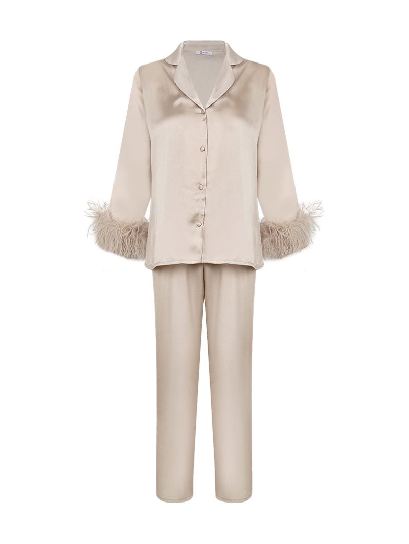 Feather -Trimmed  Satin Pyjama Set