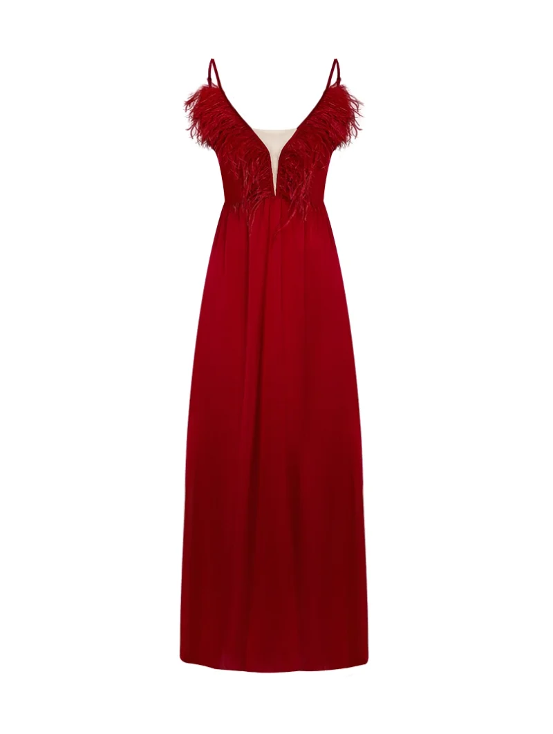 Maxi Satin Nightdress with Feathers - Image 9