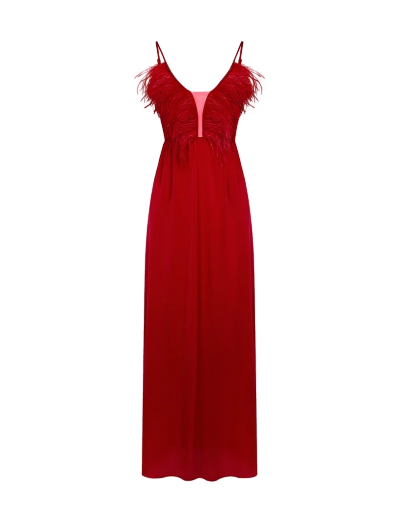 Maxi Satin Nightdress with Feathers - Image 7