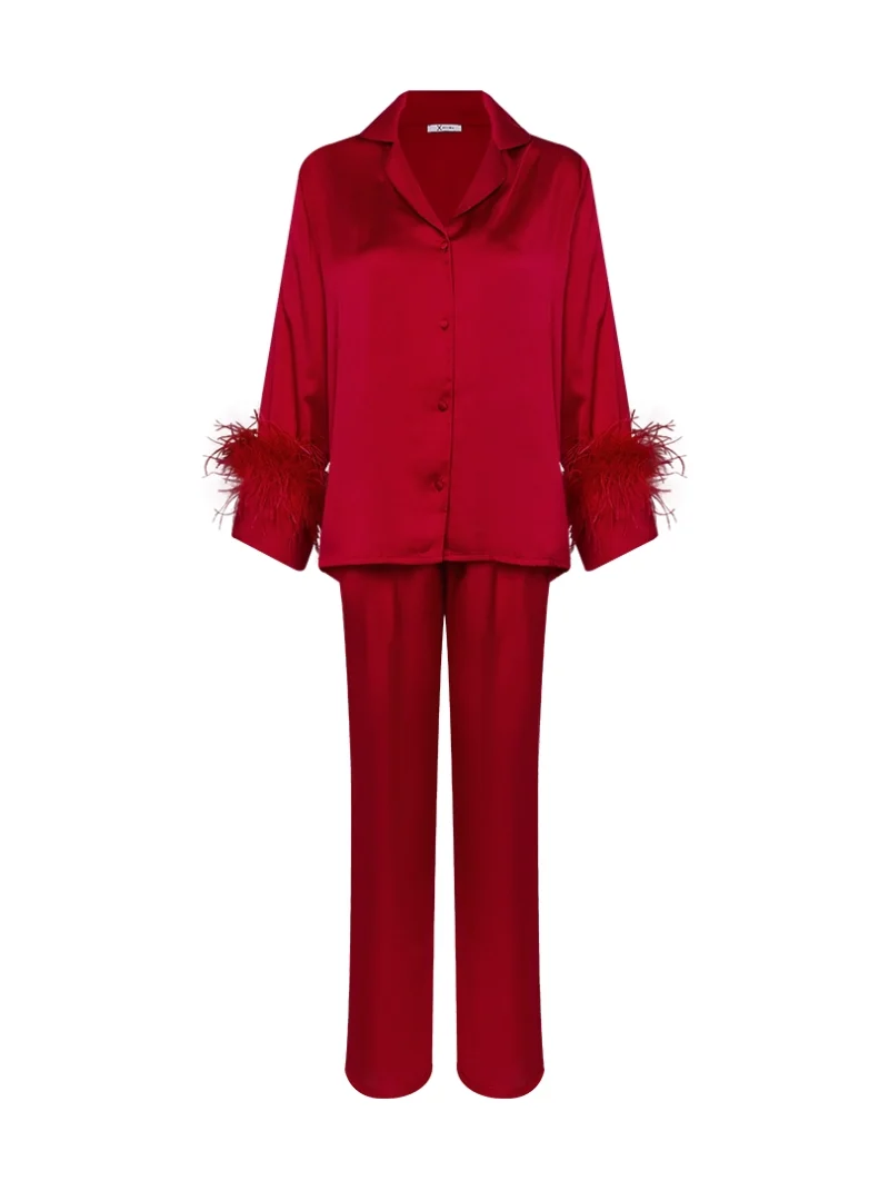 Feather -Trimmed  Satin Pyjama Set - Image 5