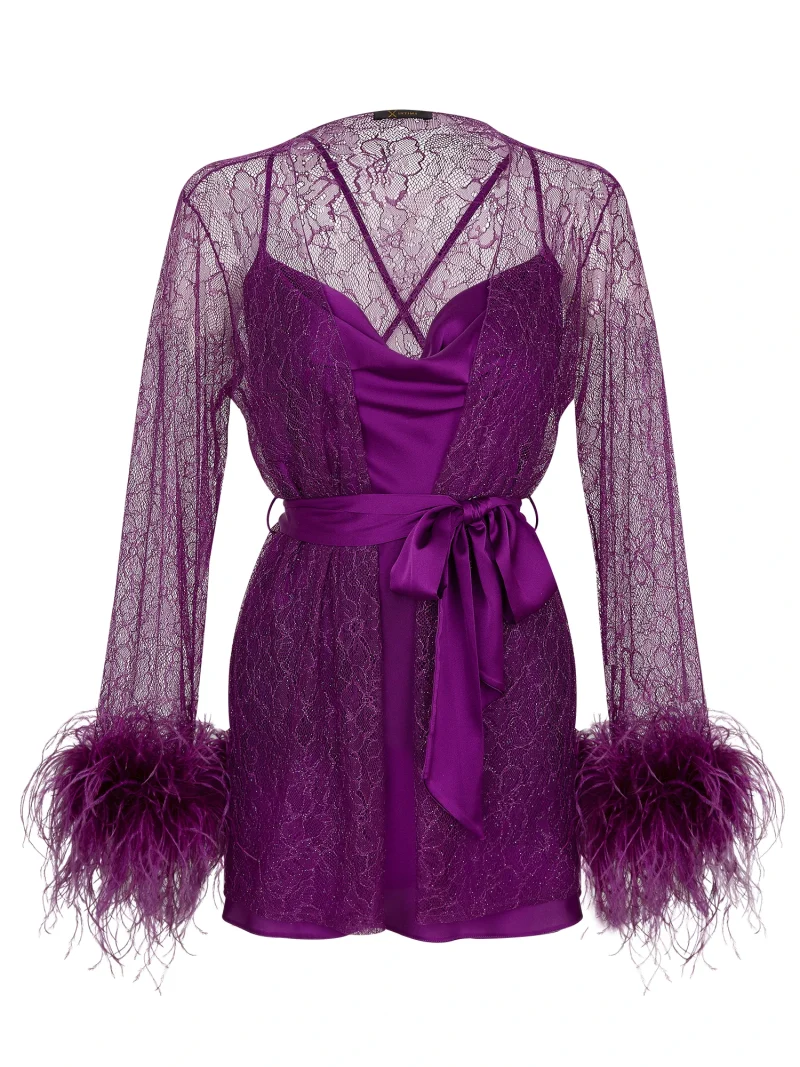 Opulent Evenings Mini Robe with Glittery Lace and Ostrich Feather - Image 2