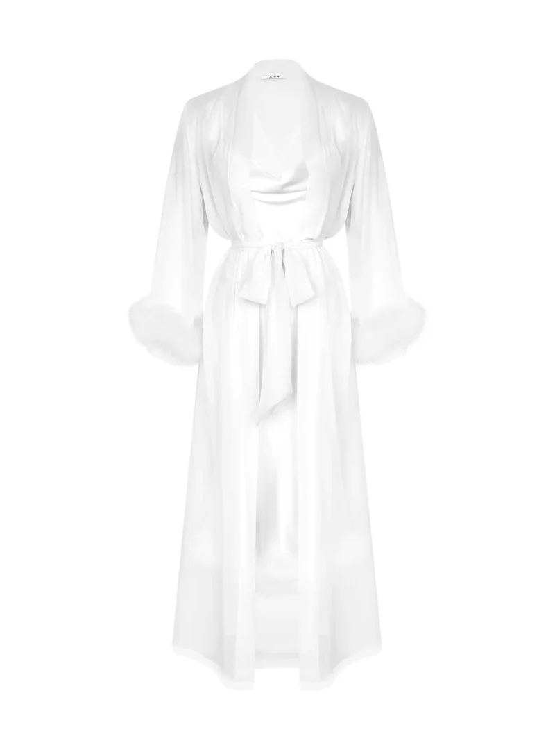 Long Chiffon Robe with Marabou Feathers on Sleeves - Image 2