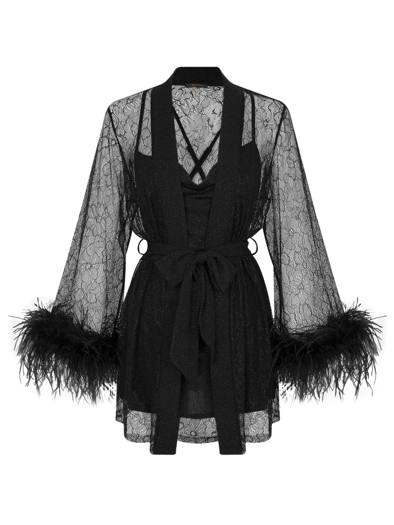 Opulent Evenings Mini Robe with Glittery Lace and Ostrich Feather