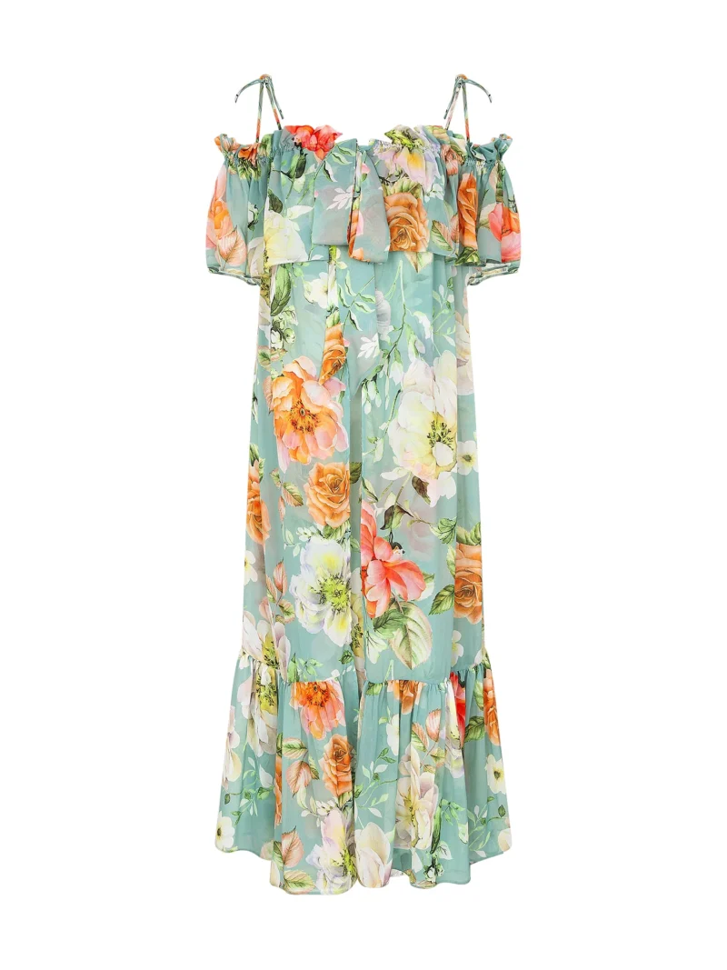 Off The Shoulder Flounced Flower Print Chiffon Robe with Frilled Robe Hem
