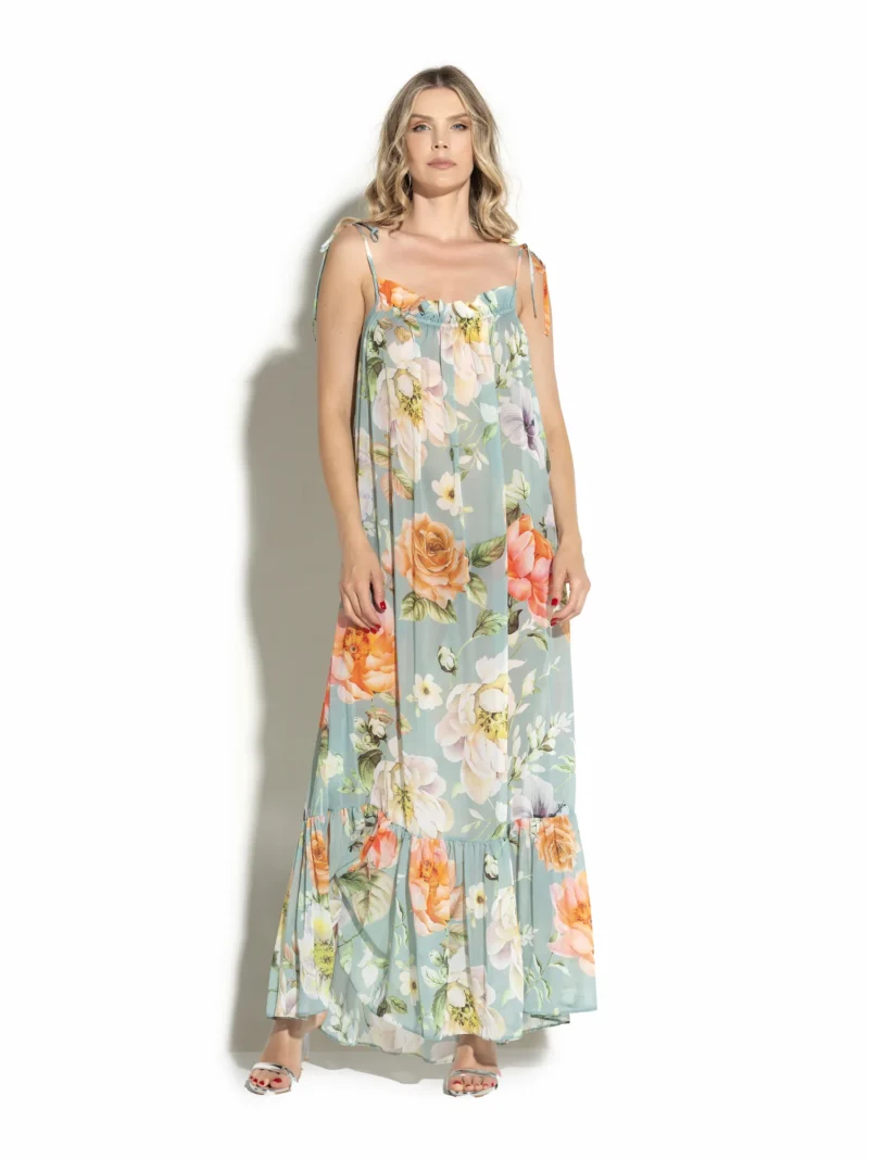 Long Satin Dress with Frilled Hem - Image 2