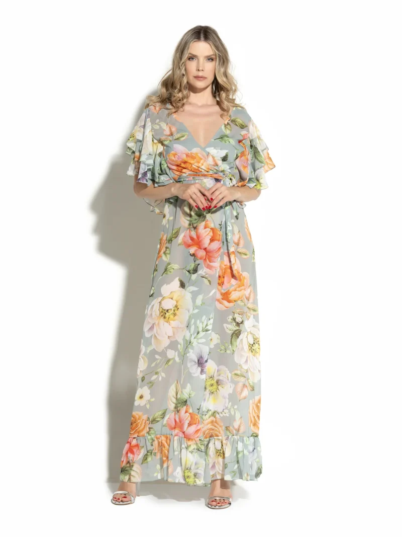 Long Chiffon Dress with Frilled Hem
