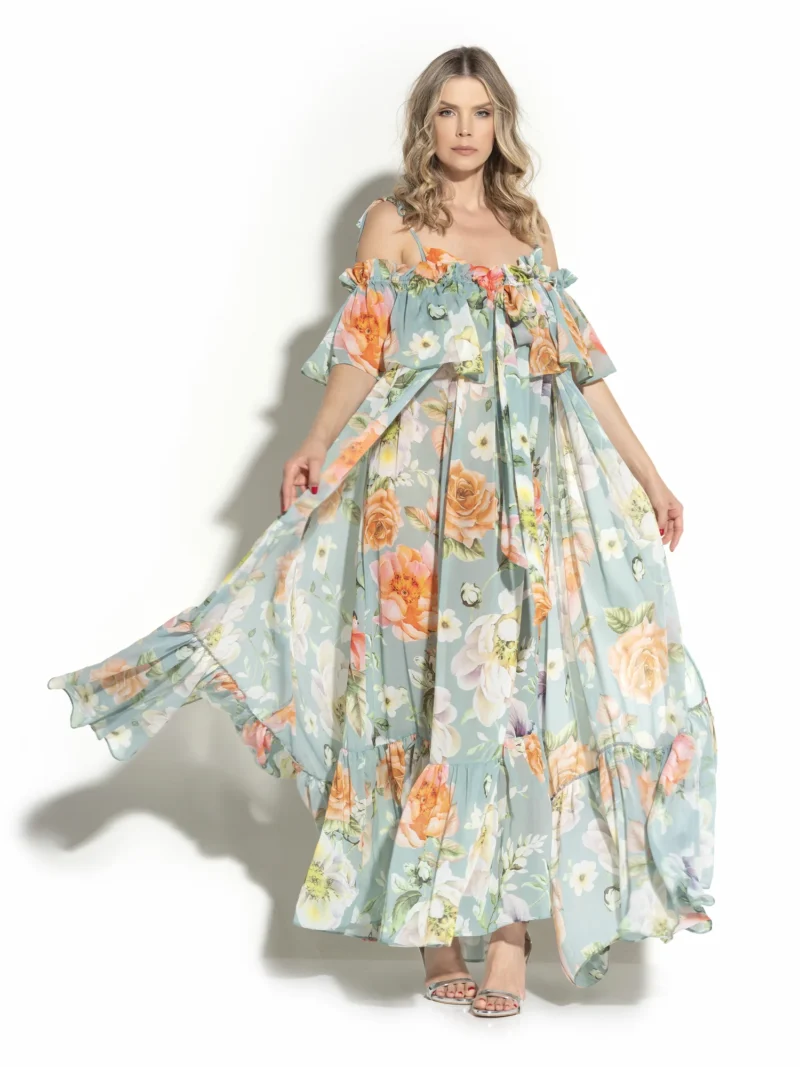 Off The Shoulder Flounced Flower Print Chiffon Robe with Frilled Robe Hem - Image 2
